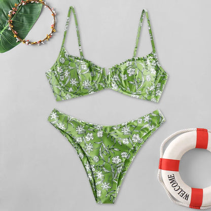 Beach Swimsuits Women Floral Printed Bikinis Set Push Up Bra Split Tankinis Set Summer 2pcs Sexy Bikinis Female Boho Beachwear
