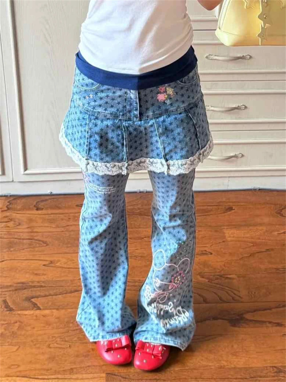 Women Shoujo Star Print Jean Y2k Japanese Harajuku Low Rise Patchwork Denim Flare Pants 2000s Kpop Bell-Bottom Long Trousers