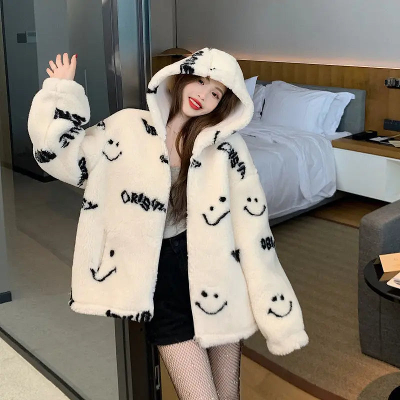 Jackets For Women 2022 Winter Cashmere Chic Printing Hooded Fashion Street Outerwear Sweet Casual College Women's jacket Coat