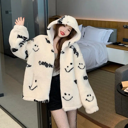 Jackets For Women 2022 Winter Cashmere Chic Printing Hooded Fashion Street Outerwear Sweet Casual College Women's jacket Coat