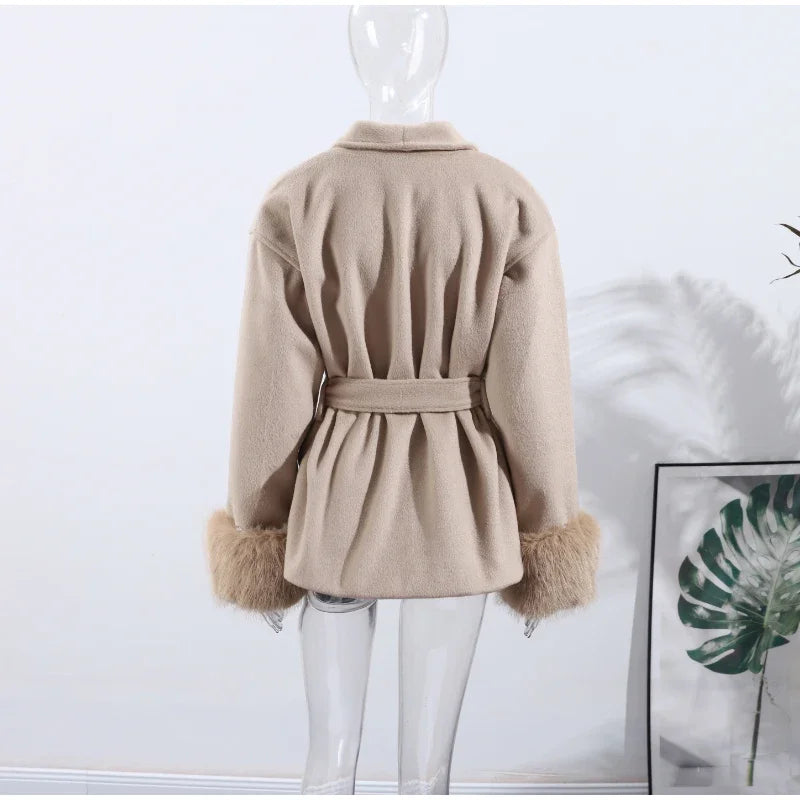 2025 Chic Lapel Plush Coat With Belt Women Vintage Solid Faux Fur Sleeve Tweed Open Coats Female Autumn Casual Street Outwear