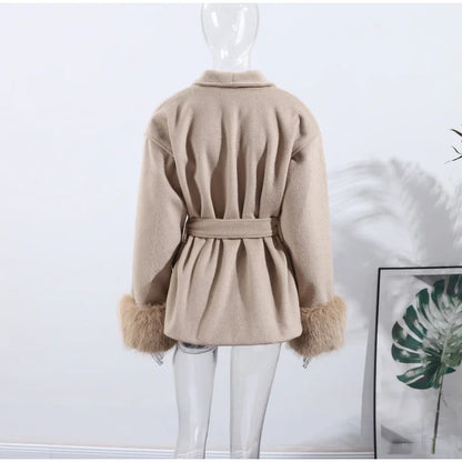 2025 Chic Lapel Plush Coat With Belt Women Vintage Solid Faux Fur Sleeve Tweed Open Coats Female Autumn Casual Street Outwear