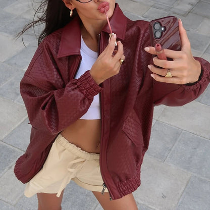 Dulzura 2025 Autumn Fashion Casual Turn-Down Collar Long Sleeve Zipper Slim Woven Leather Jacket Party Club Street Style Clothes