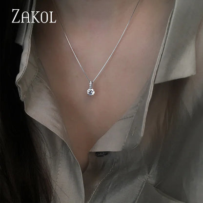 ZAKOL Simple Round Zirconia Pendant Necklaces for Women Shiny Crystal Fashion Party Dress Jewelry