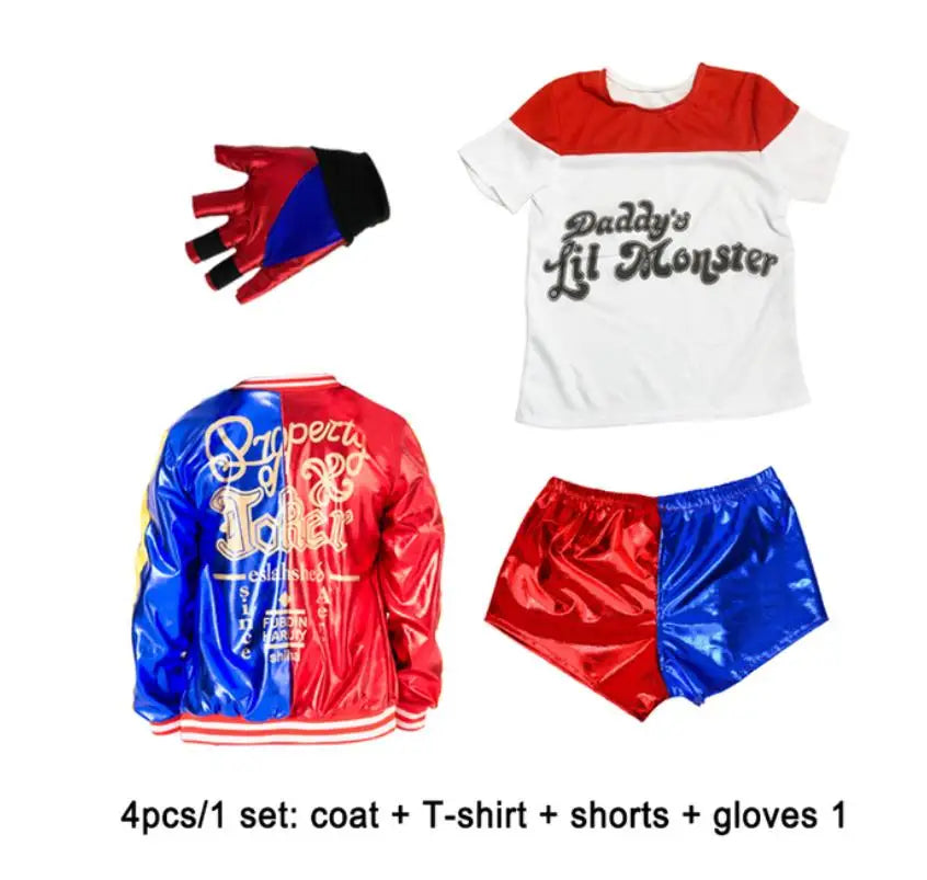 Harley Quinn kids cosplay costume set with coat, T-shirt, shorts, and gloves