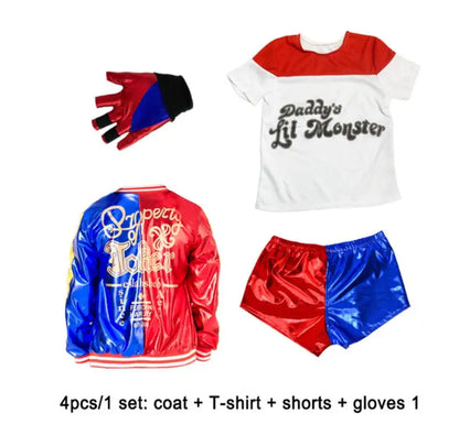 Harley Quinn kids cosplay costume set with coat, T-shirt, shorts, and gloves