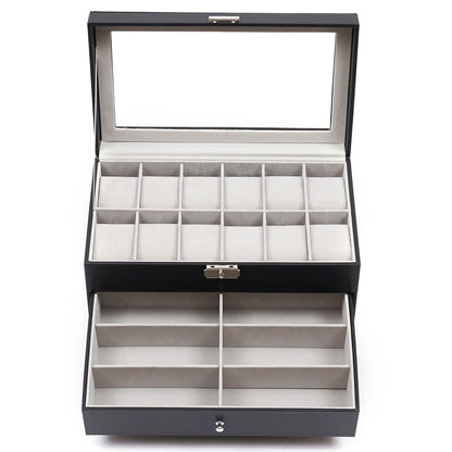 3 Layer Leather Watch Box with Glass Window for 12 Watch Eyeglasses&Sunglasses Jewelry Display Drawer Case Organizer Black