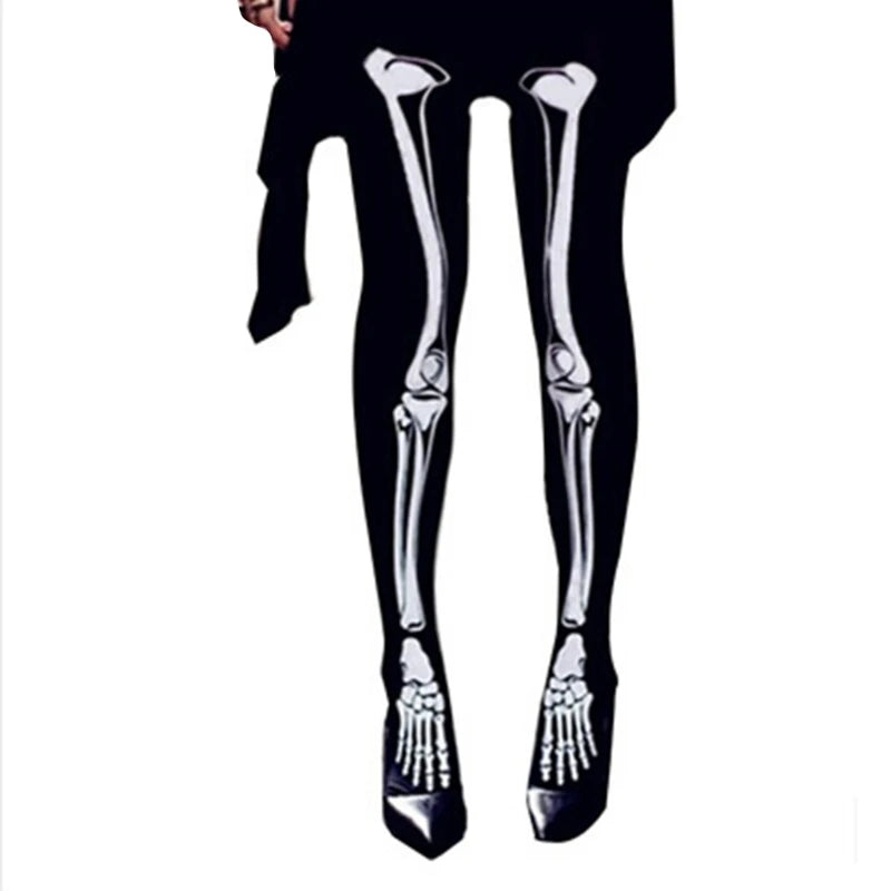 EtherealBe women's skeleton tights for Halloween featuring a realistic bone design on black fabric