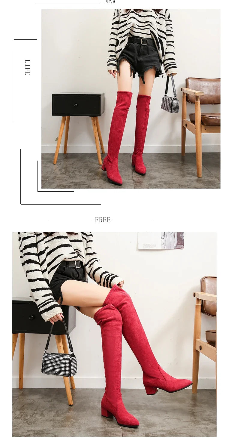 Thigh High Boots Women 2023 Winter Fashion Boot New Over Knee Boots Women Shoes Sexy High Heels Botas Red Warm Fur Black Boots