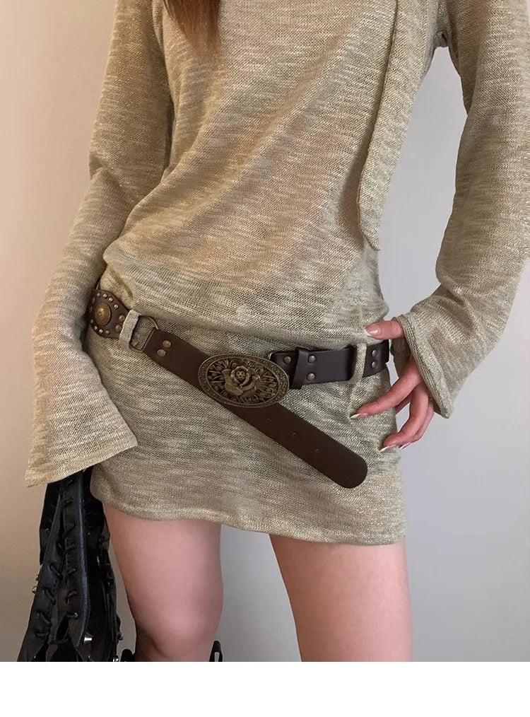 N Retro Ethnic Belt Y2K Bohemian Dress With a Wide Brown Belt