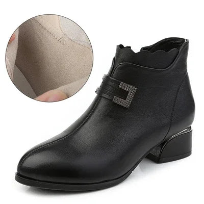 2025 Fashion Genuine Leather Ankle Boots Women Thick Heels Zipper Pointed Toe Autumn Winter Woman Shoes Soft Sole Short Boots