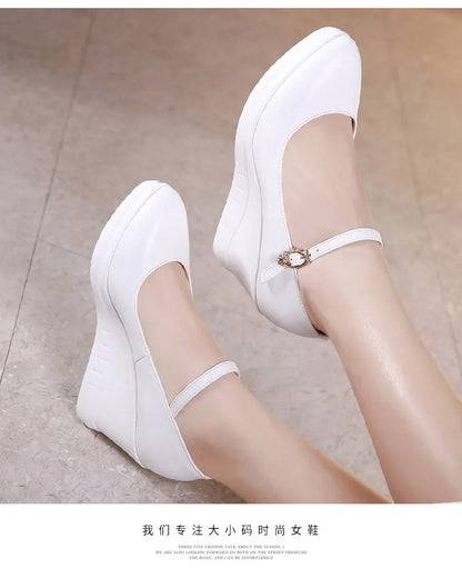 high quality leather shoe for women 7cm wedge high heel platform round toe 32 33 42 43 elegant and fashion shoe white red black