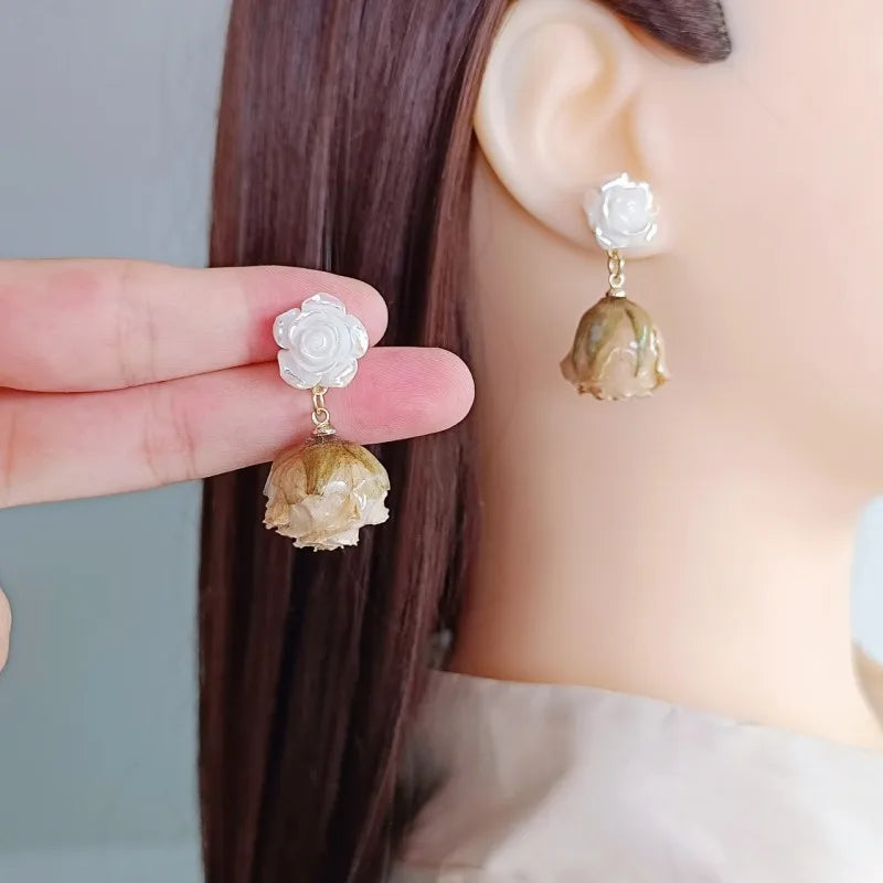 Unique Immortal Flower Earrings Elegant Natural Flower Pearl Drop Earrings Statement Jewelry Epoxy Resin Real Rose Earring 2024