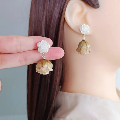 Unique Immortal Flower Earrings Elegant Natural Flower Pearl Drop Earrings Statement Jewelry Epoxy Resin Real Rose Earring 2024