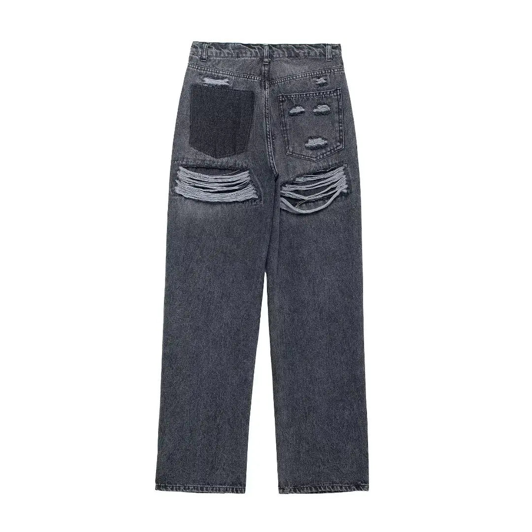 Jeans For Women 2024 Denim Solid Loose Zipper Fly Female Hole Trouser Pockets Wild Basic Commute Woman Wide Leg Long Pant