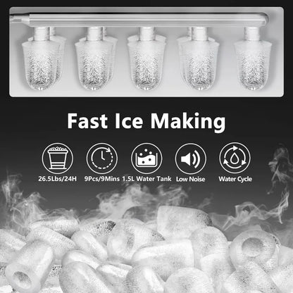 KUMIO Ice Makers Countertop, 9 Thick Bullet Ice Ready in 6-9 Mins,26.5 Lbs in 24Hrs,Portable Ice Maker with Scoop and Basket