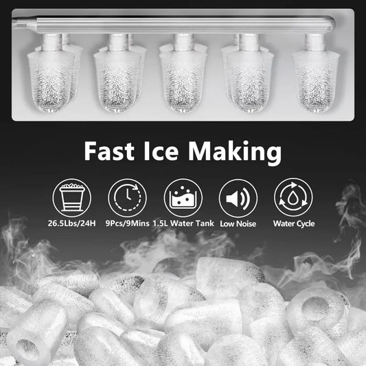 KUMIO Ice Makers Countertop, 9 Thick Bullet Ice Ready in 6-9 Mins,26.5 Lbs in 24Hrs,Portable Ice Maker with Scoop and Basket