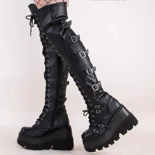 Gothic Thigh High Boots Women Platform Wedges Motorcycle Boot Over The Knee Army Stripper Heels Punk Lace-up Belt Buckle Long