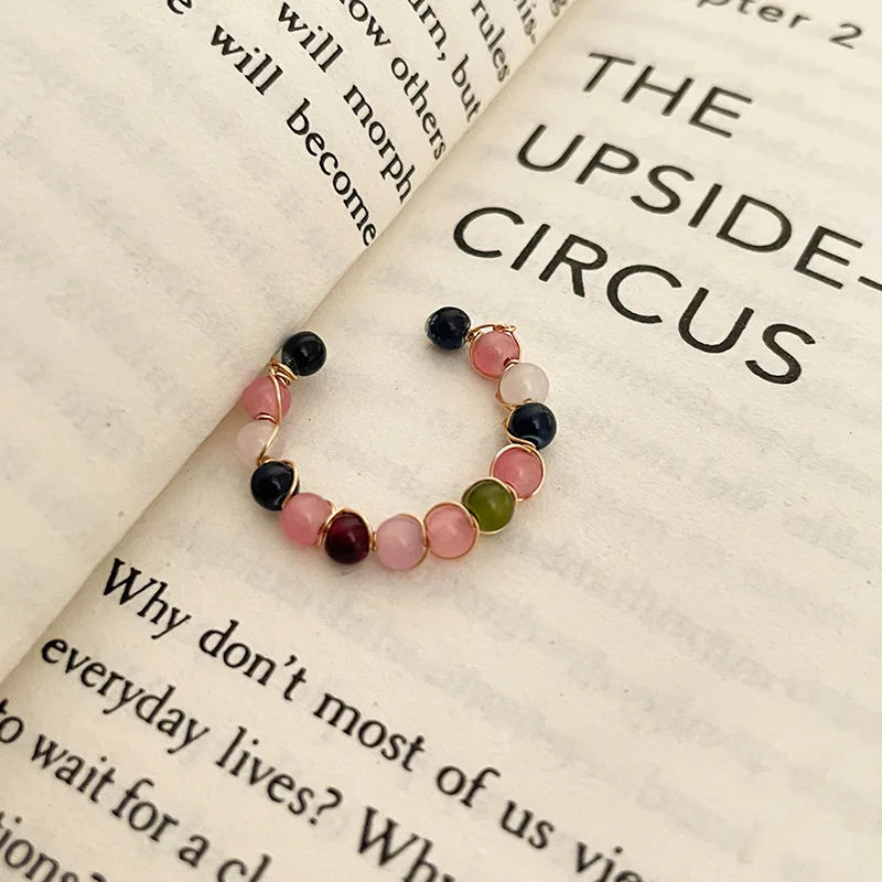 Natural Stone Rainbow Rings Fashion Retro Handmade Metal Wire Winding Beaded Open Adjustable Ring Female Charm Jewelry Gifts