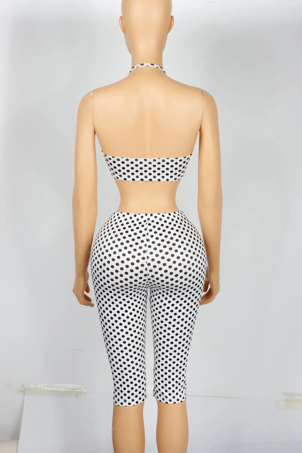 Weird Puss Polka Dot Print Women 2 Piece Set Halter Tank Tops+Bike Shorts Stretch Matching Streetwear Vacation Stretch Outfits