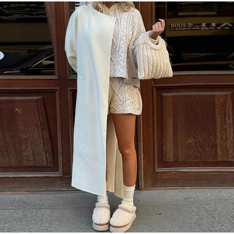 White Cable Knit Argyle Hooded Co-ord Set Long Sleeve Sweater Bodycon Shorts 2025 Cozy Retro Women Sets Daiy Casual Lady Outfit