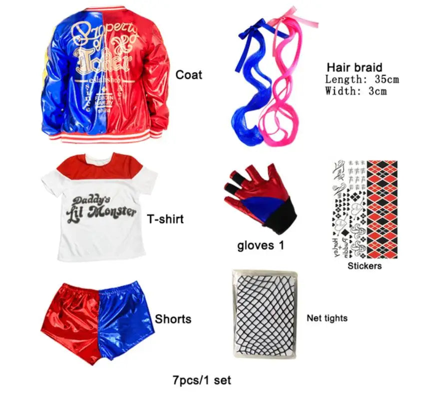 Harley Quinn kids cosplay costume featuring jacket, t-shirt, shorts, gloves, hair braid, net tights, and stickers