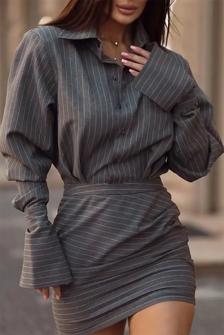 2025 Summer Fashion New Women's Elegant Office Staff Set Striped Collar Top Hip Wrapping Short Skirt Effect Two Piece Set