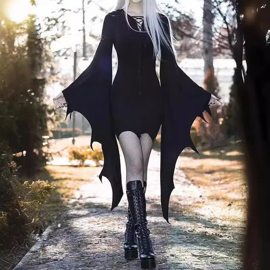 Elegant gothic halloween dress for women with bat wing sleeves and a fitted silhouette