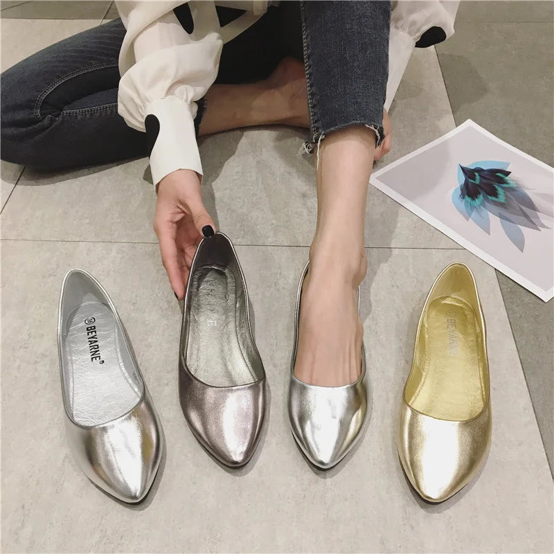 New Women's Shoes Bright Surface Soft Leather Comfortable Flat Shoes Pointed Solid Color Shallow Mouth Single Shoe Zapatos Mujer
