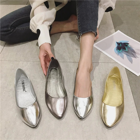 New Women's Shoes Bright Surface Soft Leather Comfortable Flat Shoes Pointed Solid Color Shallow Mouth Single Shoe Zapatos Mujer