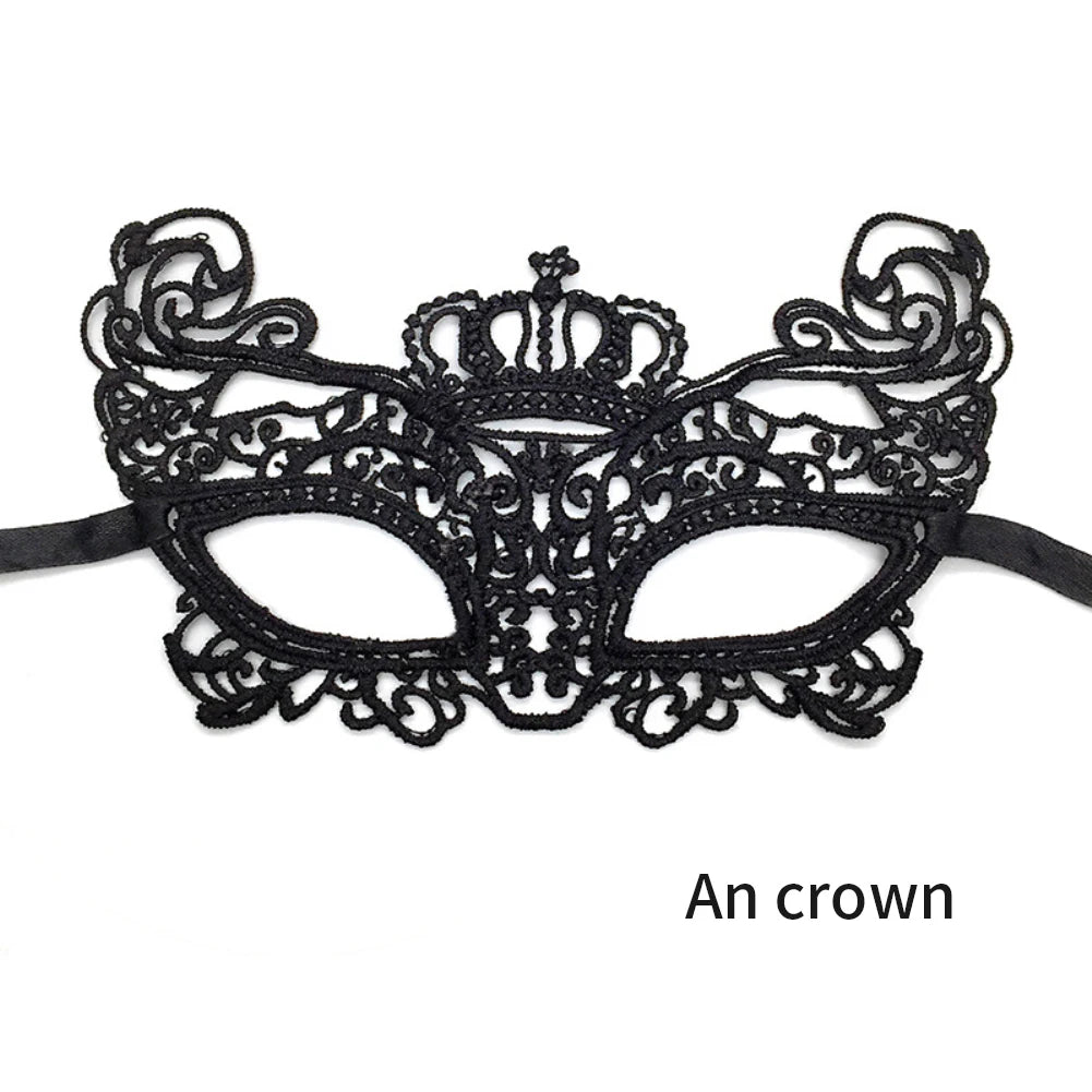 EtherealBe women's black lace masquerade mask featuring intricate designs and a regal crown embellishment