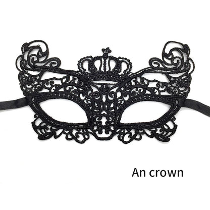 EtherealBe women's black lace masquerade mask featuring intricate designs and a regal crown embellishment