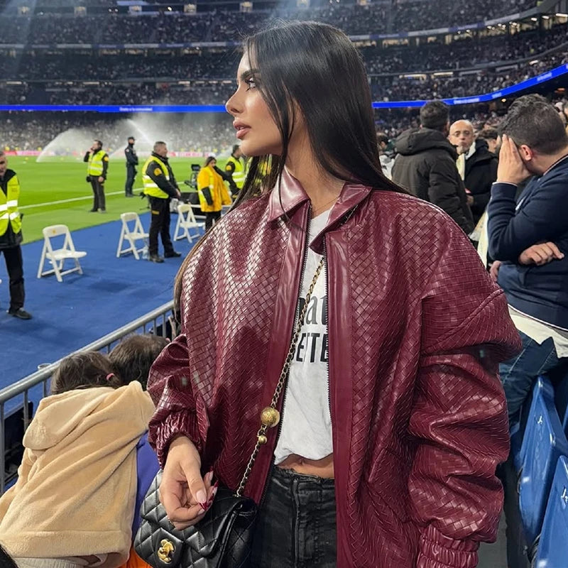 Dulzura 2025 Autumn Fashion Casual Turn-Down Collar Long Sleeve Zipper Slim Woven Leather Jacket Party Club Street Style Clothes