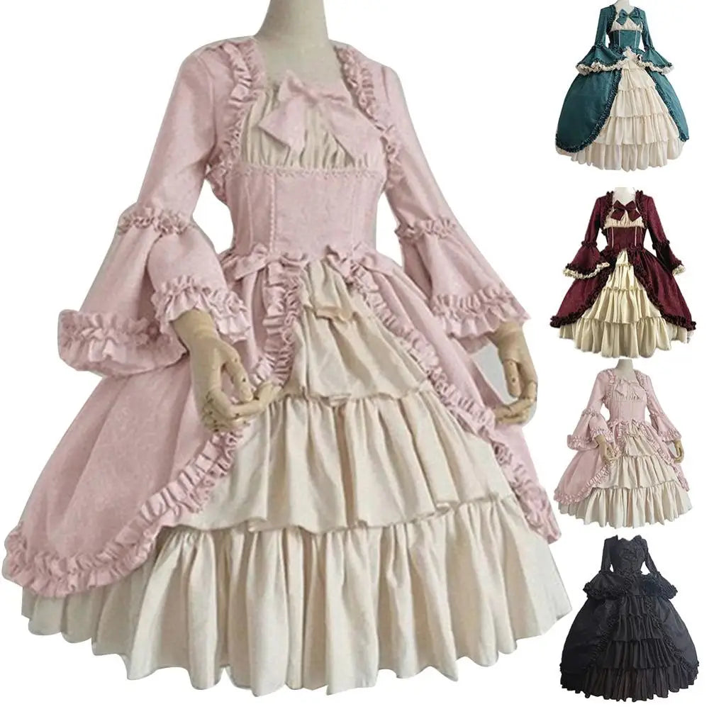 Cute Cosplay Black Dresses Women Lolita Lady Retro Square Neck Tight Waist Bowknot Medieval Dress Dress Party Costume Vestidos