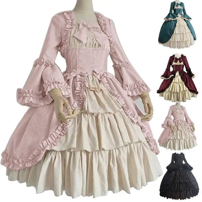 Cute Cosplay Black Dresses Women Lolita Lady Retro Square Neck Tight Waist Bowknot Medieval Dress Dress Party Costume Vestidos