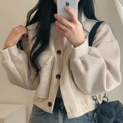 Autumn and Winter Loose Wool Coat for Women's Pocket Stand Collar Top Long Sleeve Button Hong Kong Style Wool Coat