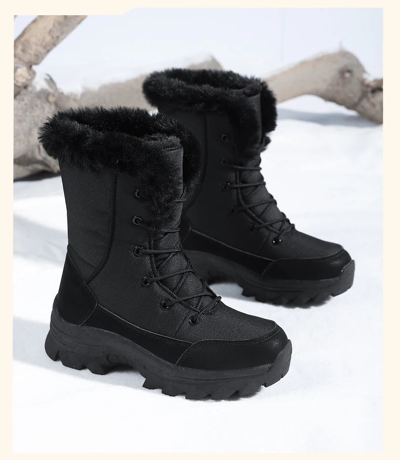 2025 Women's Snow Boots Beige Lace-up Waterproof Antiskid Female New Ankle Boots Walking Shoes plush Winter Warm Mid-Calf Boots