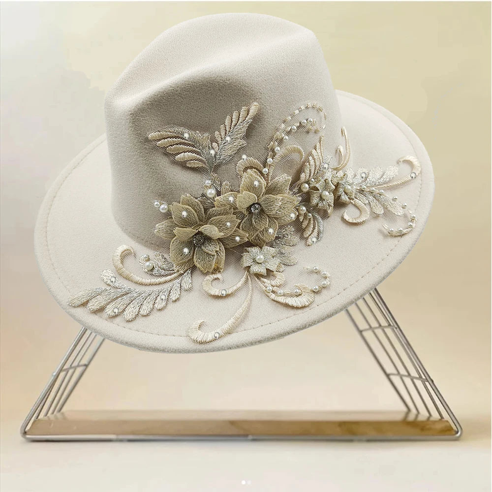 Embroidered three-dimensional flower fedora hat Women's jazz top hat Spring and autumn panama church fashion elegant wedding Hat