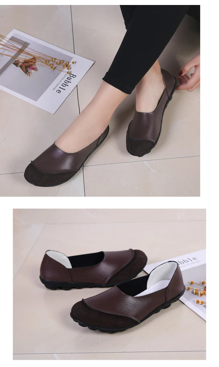 Women's shoes casual flat walking low heel loafers leather solid color large size casual single shoe work shoes44