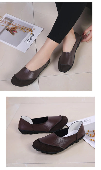 Women's shoes casual flat walking low heel loafers leather solid color large size casual single shoe work shoes44