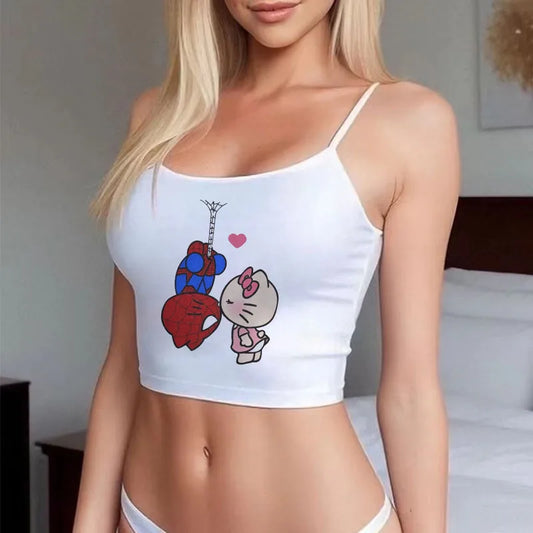 Model wearing white spaghetti strap Sanrio Hello Kitty cute crop top . with Hello Kitty and Spider Man graphic