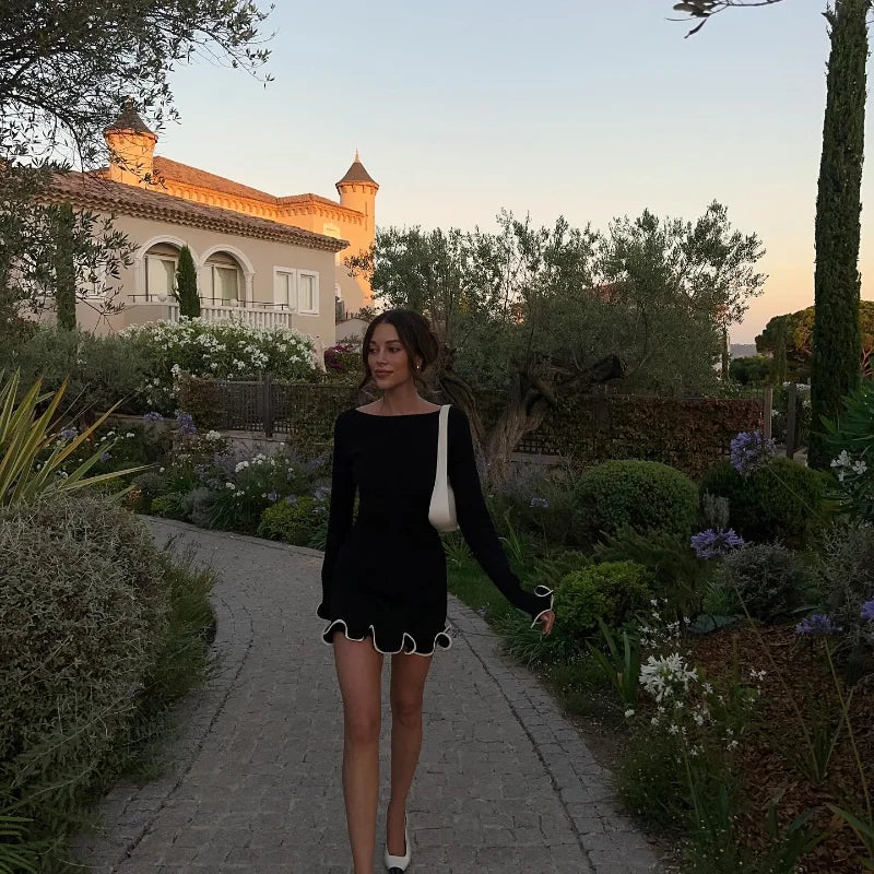 Women Fashion Solid Ruffles Hem Mini Dress Elegant Long Sleeve High Waist Slim Dresses 2025 Summer Vocation Street Vestidos