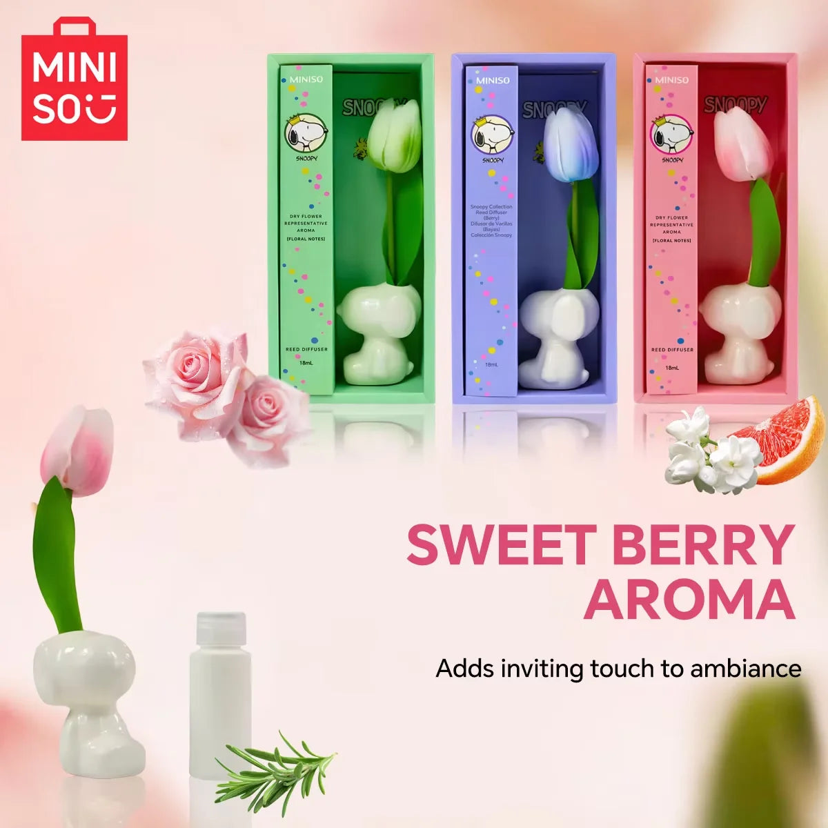 Miniso Snoopy Joint Flameless Home Fragrance Room Flameless Freesia Jasmine Fragrance Oil Diffuser Stick Home Room Air Freshener
