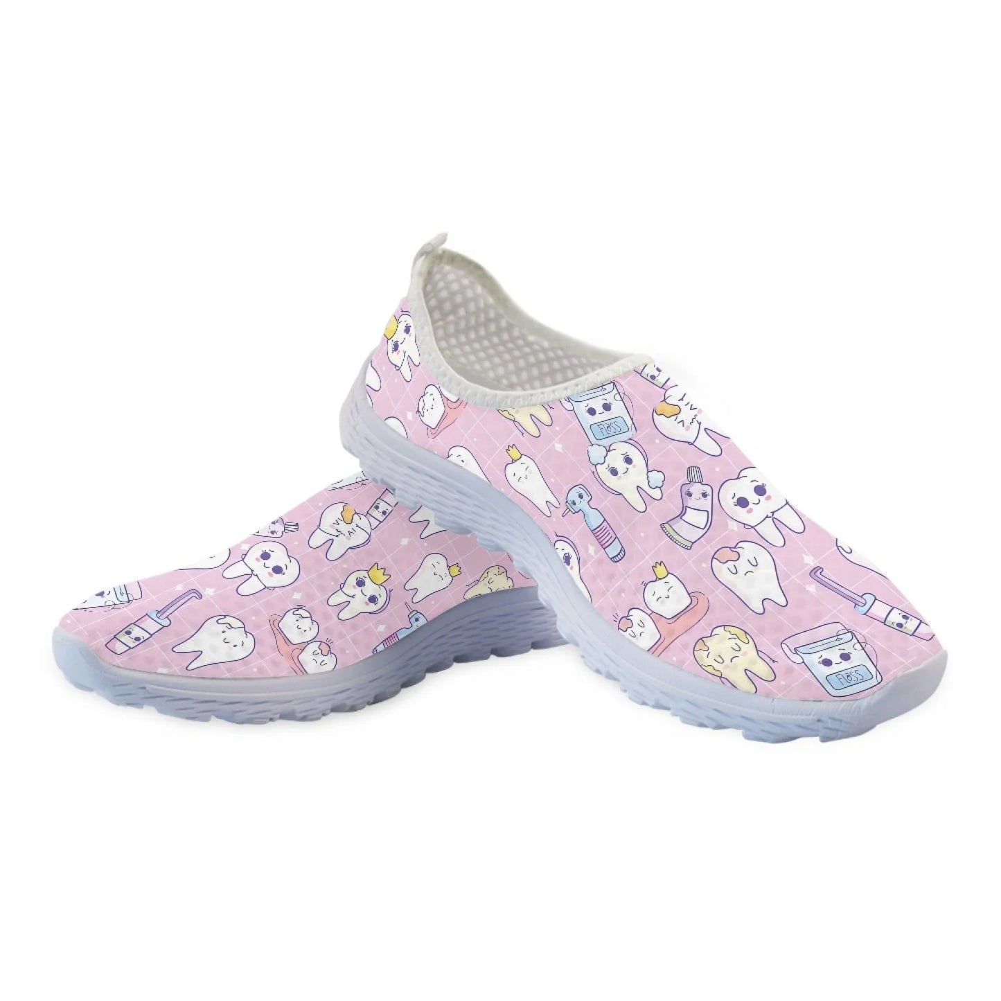 INSTANTARTS Cartoon Dental Loafers Pink Tooth Print Comfortable Breathable Shoes Medical Nurse Shoes Women's Slip On Shoes Flat