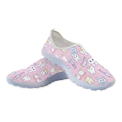 INSTANTARTS Cartoon Dental Loafers Pink Tooth Print Comfortable Breathable Shoes Medical Nurse Shoes Women's Slip On Shoes Flat