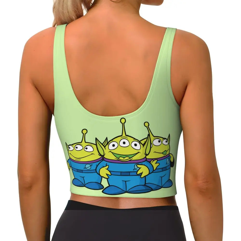 Toy Story Jessie sports bra with vibrant green color and fun alien graphic on the back