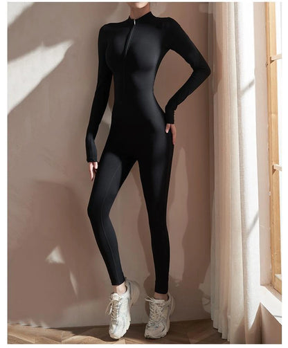 Womens Jumpsuits Long Sleeve Yoga Slim Fit Stretch One Piece Romper Sexy Fitness Female Basic Sportwears Tight Zipper