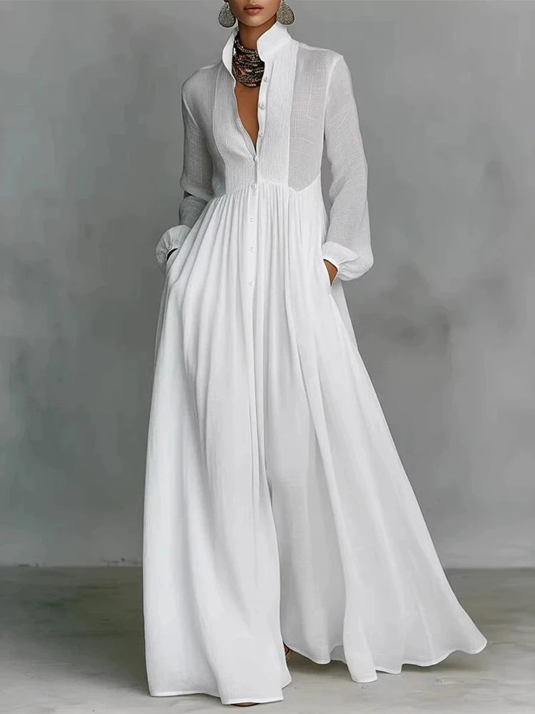 Spring Women's Standing Collar Long Sleeved Loose Dress White Button Pockets Holiday Robe Dress Fashion Pleated High Waist Dress