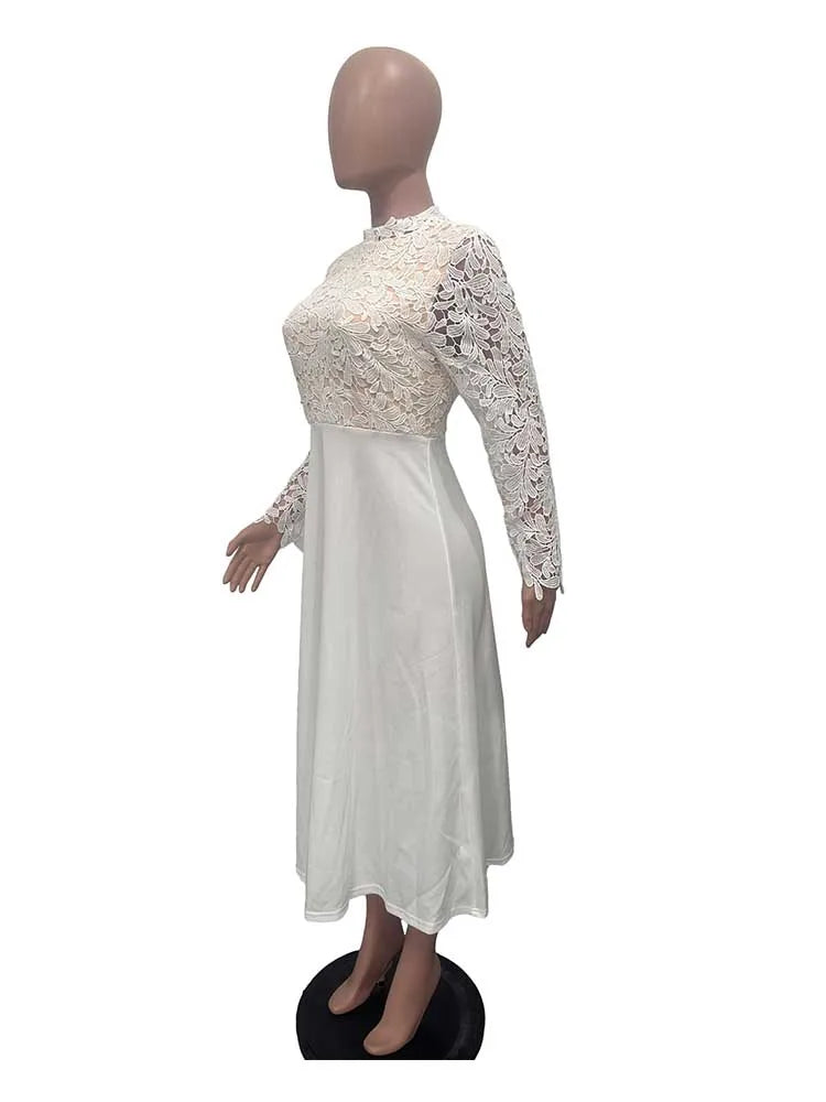 EtherealBe elegant lace party dress for women white long sleeve high neck lace bodice a line midi on mannequin