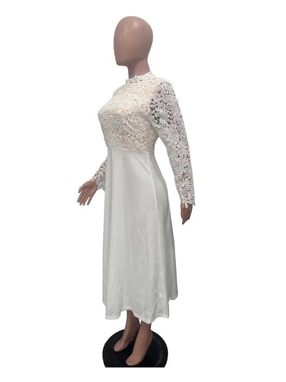 EtherealBe elegant lace party dress for women white long sleeve high neck lace bodice a line midi on mannequin